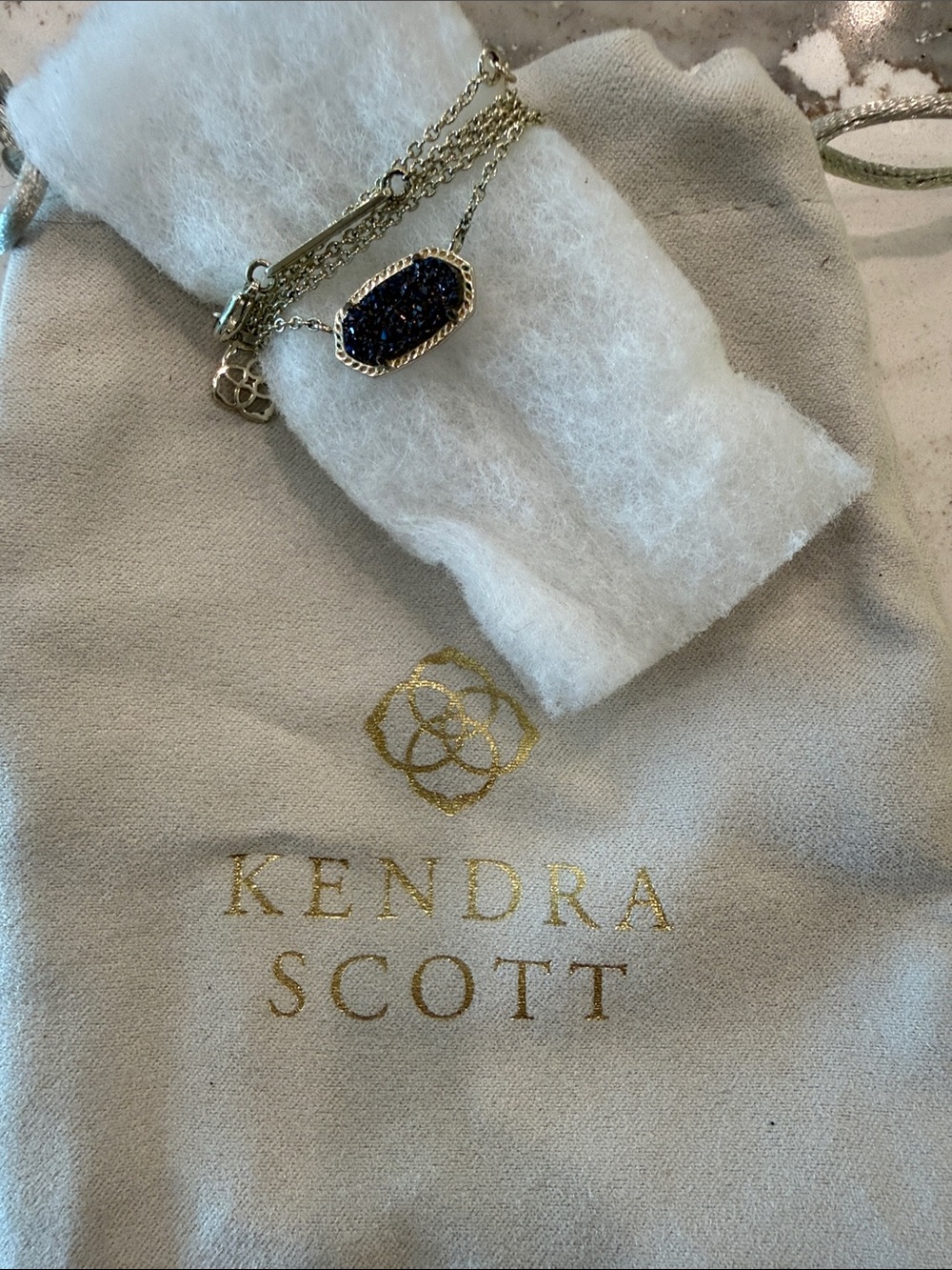 Kendra Scott Gold Necklace with Navy Blue Druzy Pendant
